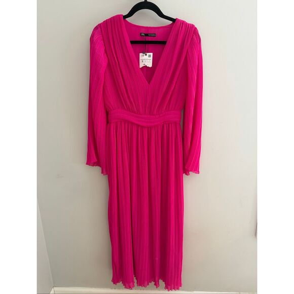 Zara Pleated Midi Dress NWT Hot Pink LS Fuschia, Size Small S Barbie Barbiecore - Picture 3 of 10